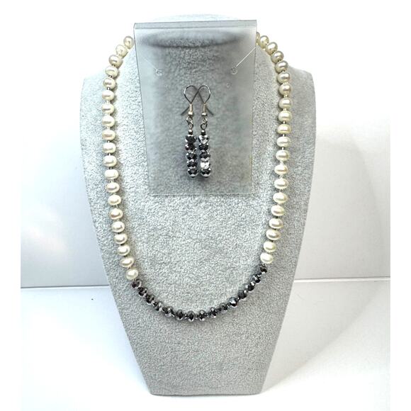 Freshwater Pearls Hematite Necklace Hematite Faceted Bicone Beaded Drop Earrings - Picture 1 of 5